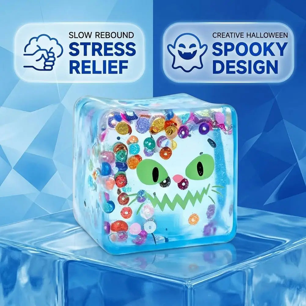 Halloween Sensory Squishy Toy Transparent Ice Cube Design Funny Face Stress Relief Gift Creative Soft Maltose Play Toy