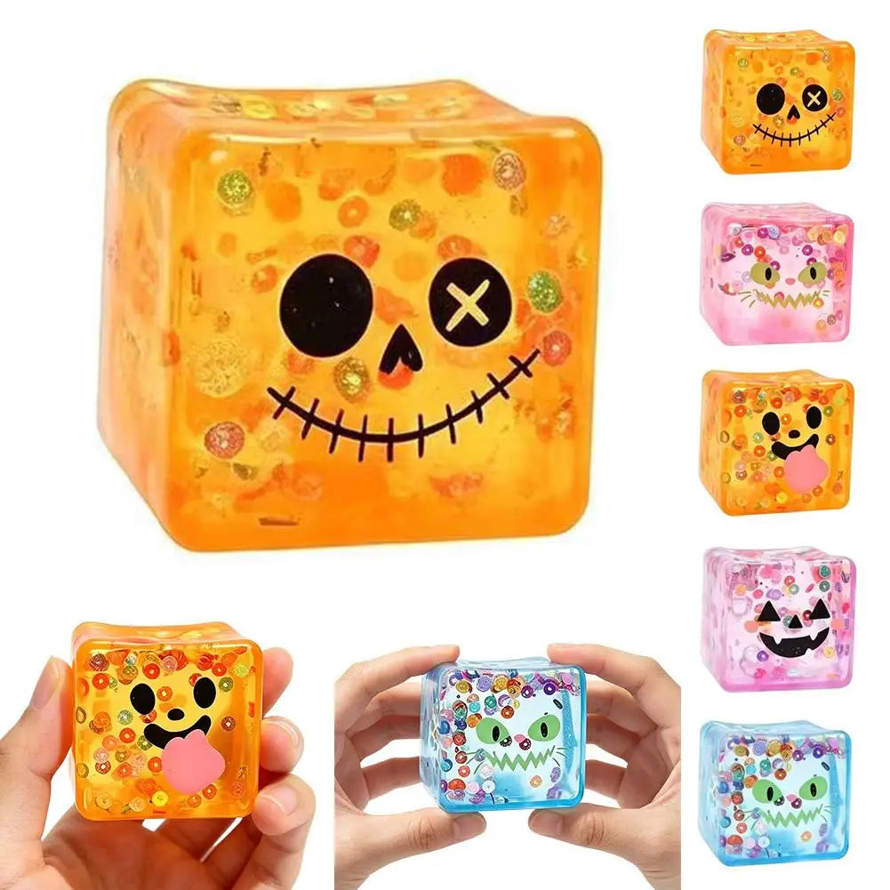 Halloween Sensory Squishy Toy Transparent Ice Cube Design Funny Face Stress Relief Gift Creative Soft Maltose Play Toy