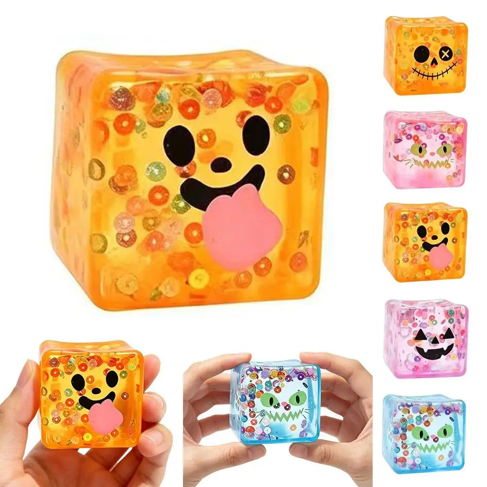 Halloween Sensory Squishy Toy Transparent Ice Cube Design Funny Face Stress Relief Gift Creative Soft Maltose Play Toy