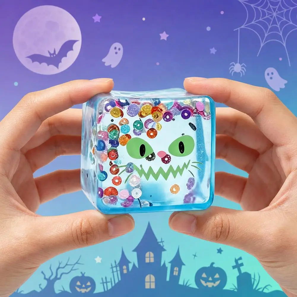 Halloween Sensory Squishy Toy Transparent Ice Cube Design Funny Face Stress Relief Gift Creative Soft Maltose Play Toy