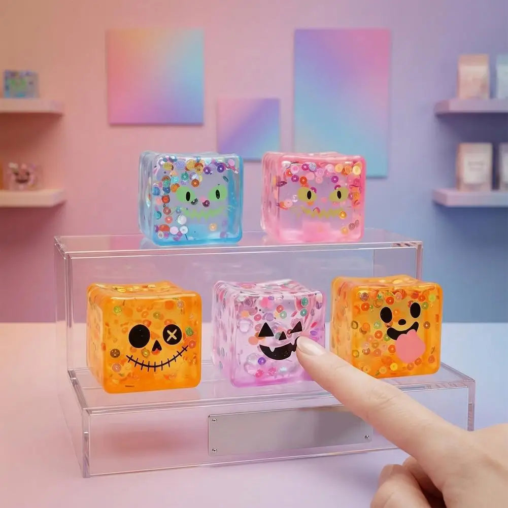 Halloween Sensory Squishy Toy Transparent Ice Cube Design Funny Face Stress Relief Gift Creative Soft Maltose Play Toy