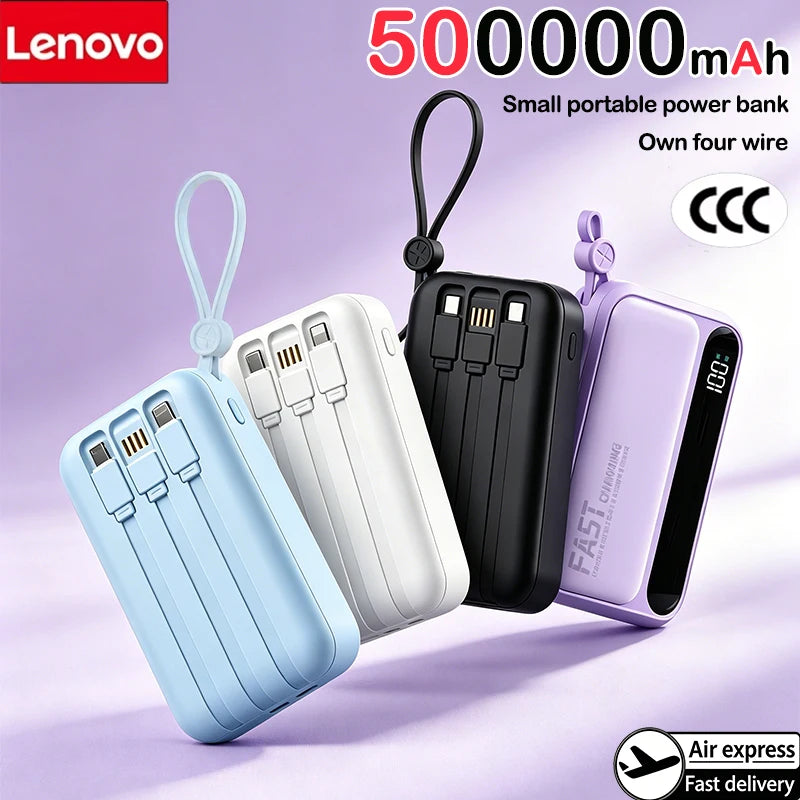 Lenovo 500000mAh Power Bank BuiIt in 4 Lines Super Fast Charging Large Capacity Portable External Battery for All Phones 2026New