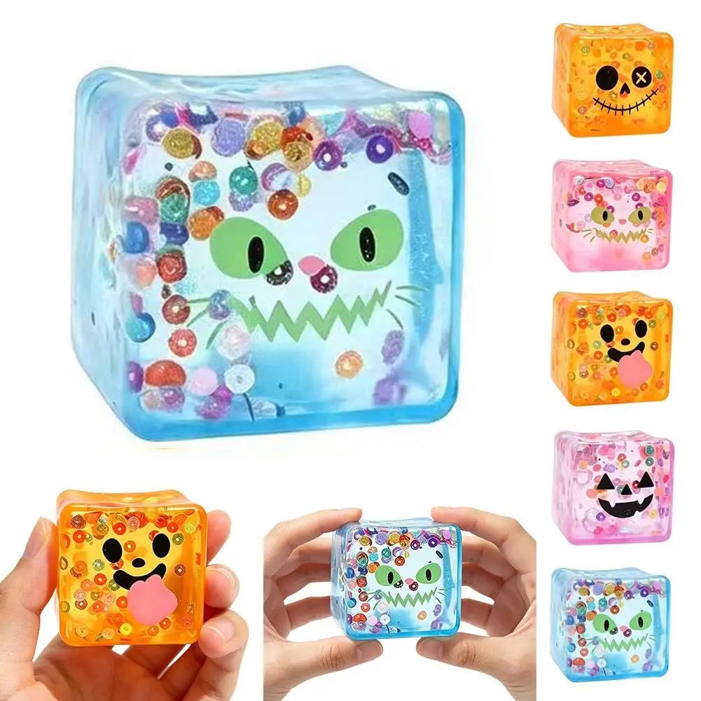 Halloween Sensory Squishy Toy Transparent Ice Cube Design Funny Face Stress Relief Gift Creative Soft Maltose Play Toy