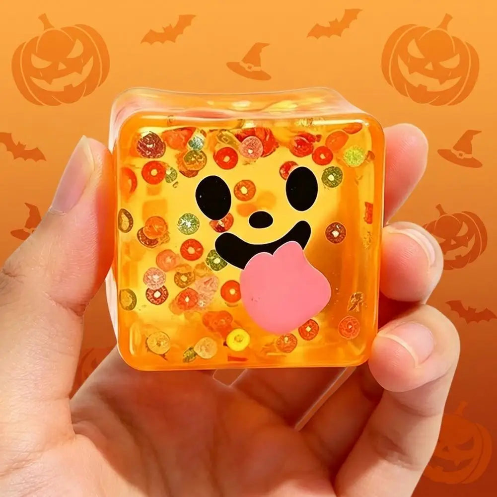 Halloween Sensory Squishy Toy Transparent Ice Cube Design Funny Face Stress Relief Gift Creative Soft Maltose Play Toy