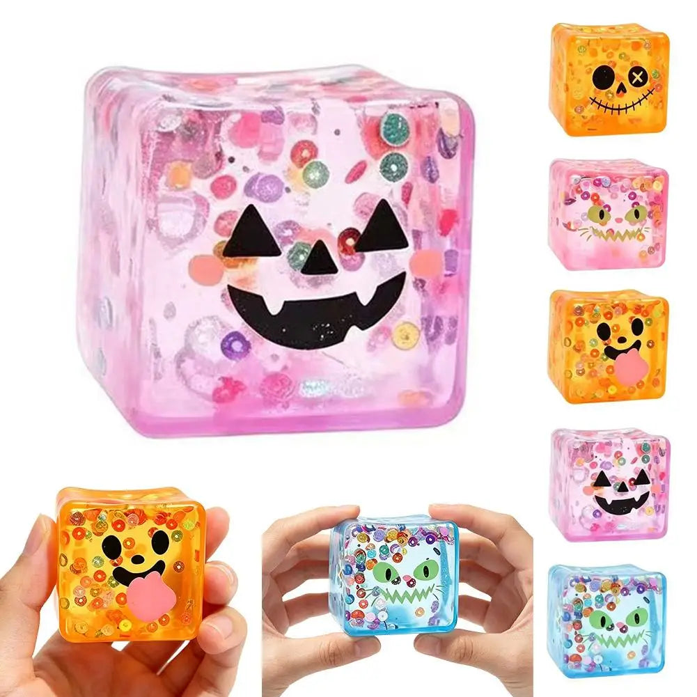Halloween Sensory Squishy Toy Transparent Ice Cube Design Funny Face Stress Relief Gift Creative Soft Maltose Play Toy