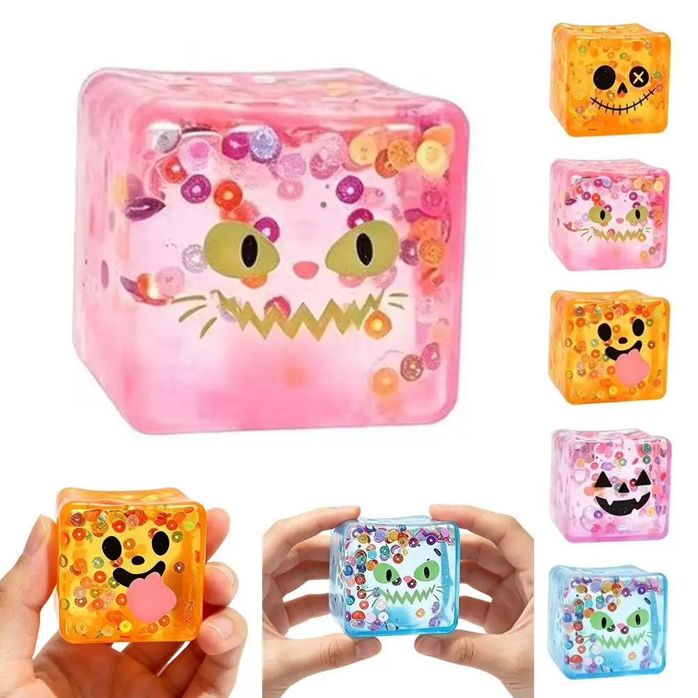 Halloween Sensory Squishy Toy Transparent Ice Cube Design Funny Face Stress Relief Gift Creative Soft Maltose Play Toy