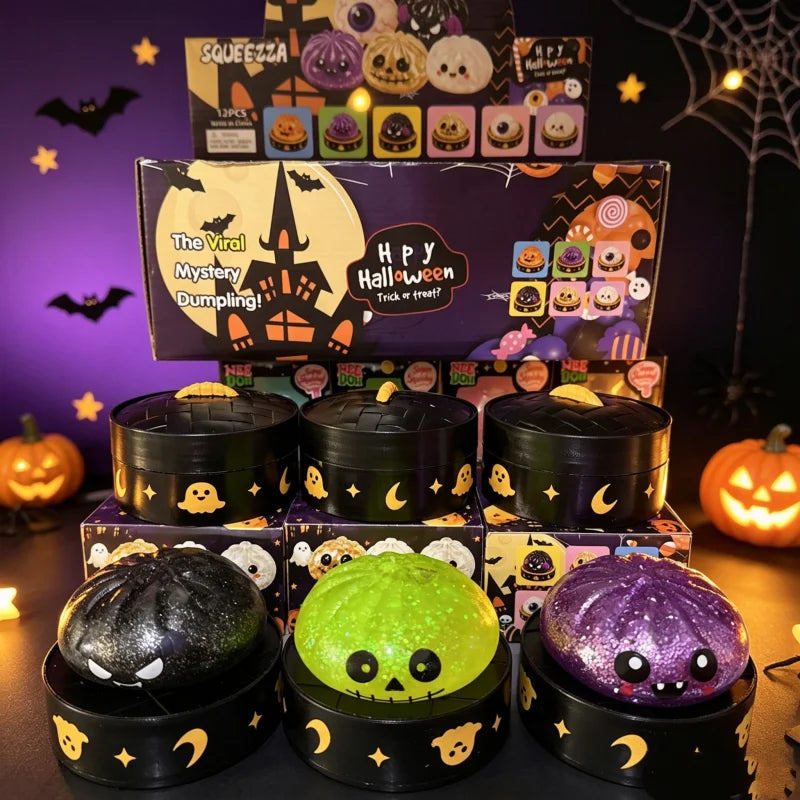 In Stock Halloween Dumpling Squishy With Steamer Box 8.5cm Maltose Squeeze Toy Relieve Stress for Adult Anti-Anxiety Gift